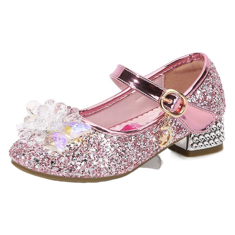 Zapatos de tacón alto para niñas 2024 primavera nuevo estilo para niños zapatos de cuero de cristal de princesa coreana zapatos para niños medianos zapatos para niñas
