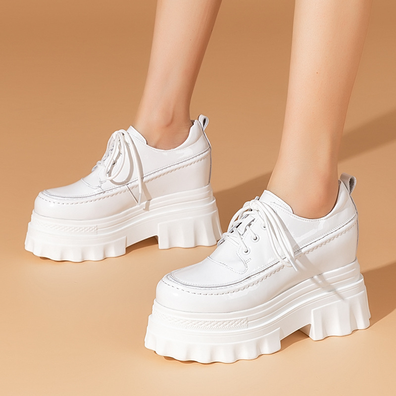 Giày platform đế dày da thật phong cách Anh, tăng chiều cao bên trong 10 cm — Màu đen