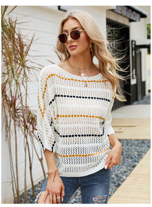 product - wholesale Loose Women Top Striped Knitwear off-Neck Hollow Out Hollow Out Cutout-out Knitted Sweater - 7