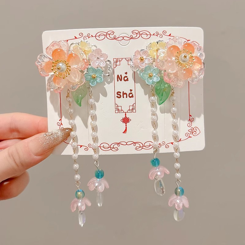 Niños flores de perlas para el cabello de mujeres estilo antiguo estilo Han toque de cabello de niña super inmortal estilo nacional tarjeta de cabello de niña pequeña para el cabello de clips