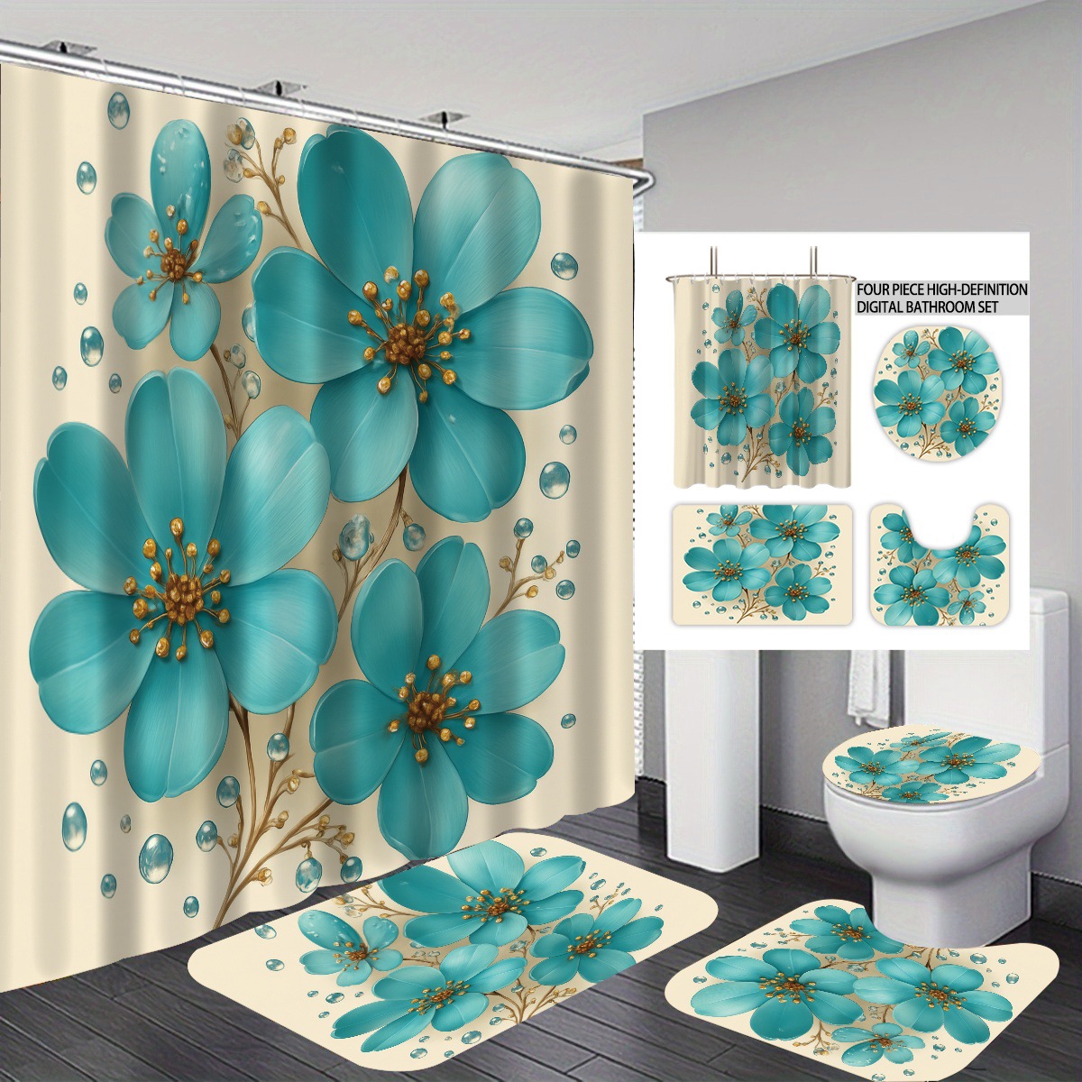 Agente de poliéster Mei Ke más cortina de baño impermeable serie de agua floral 3D impresión digital cortina de baño cuatro piezas alfombra absorbente