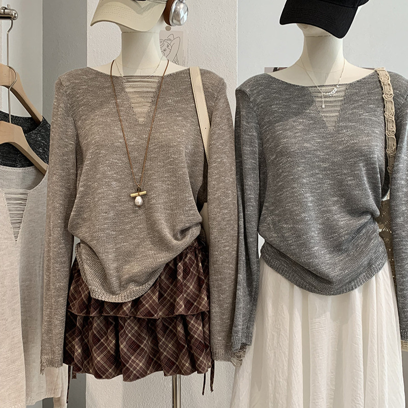 Kekezoon Old Money Style Hollow Round Neck Long Sleeve Knit Sweater...