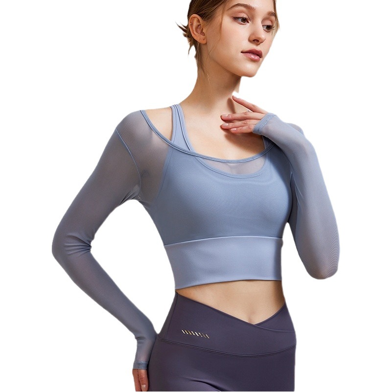 Ropa de yoga con un toque de alta gama, conjunto de dos piezas de malla de manga larga y manga corta, ropa interior deportiva para primavera y verano, conjunto deportivo todo en uno.
