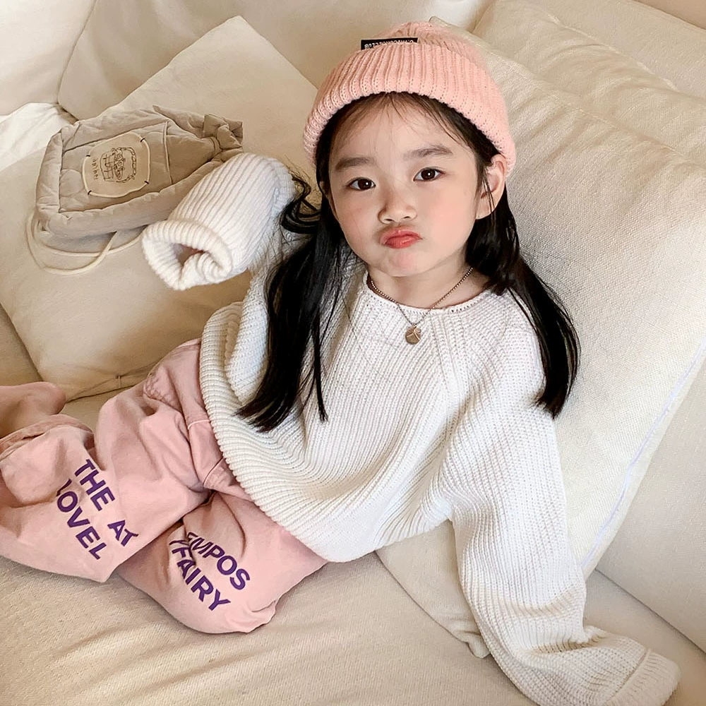 Новинка 2023 года, осенняя одежда, корейская детская одежда, белый свитер для девочек, модный пуловер для маленьких девочек, свитер с длинными рукавами 3256