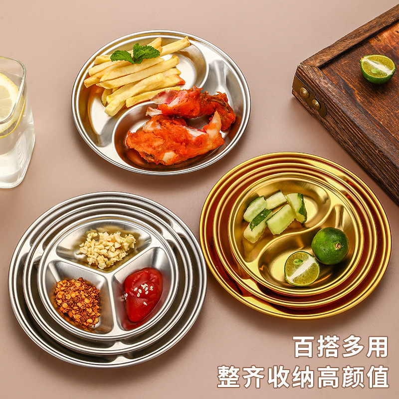 Creative stainless steel round divided plate Korean barbecue sauce plate thickened golden sauce plate snack plate flavor plate