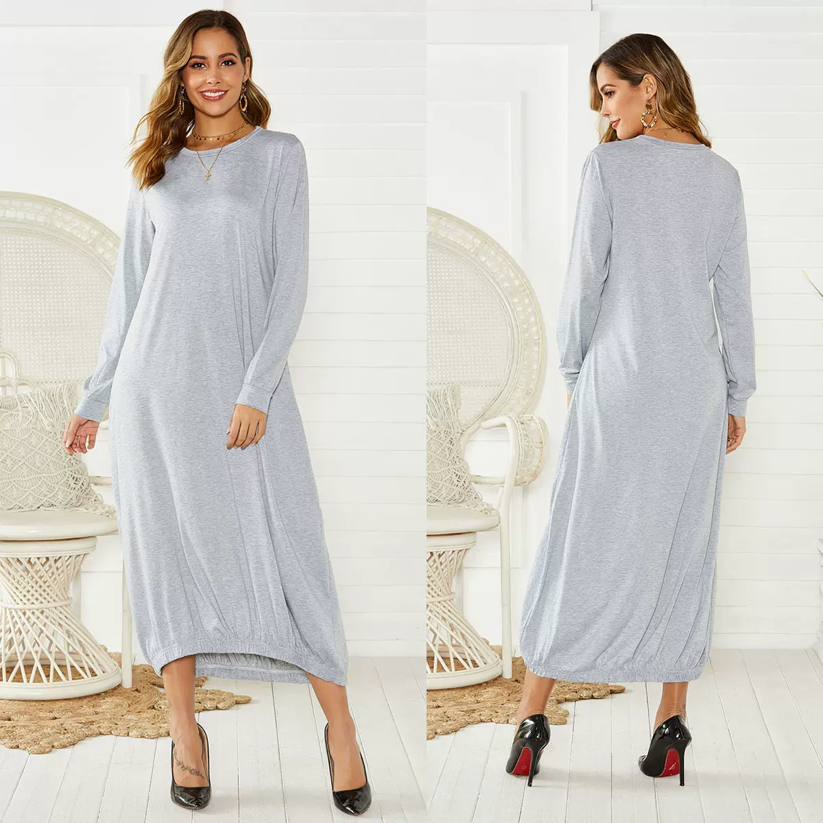 跨境欧美新款收脚围弹力绳圆领宽松长款连衣裙休闲百搭居家服裙子