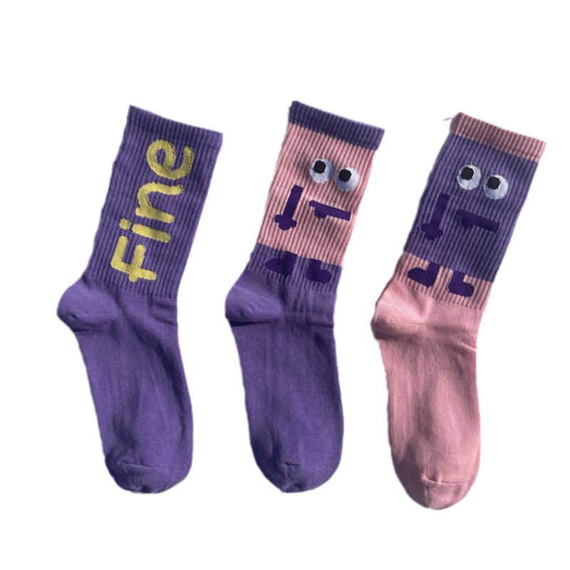 Socks Trendy Ins Popular Men's and Women's Mid-Calf Socks Cartoon Preppy Style European and American Street Purple Skateboard Long Cotton Socks Wholesale