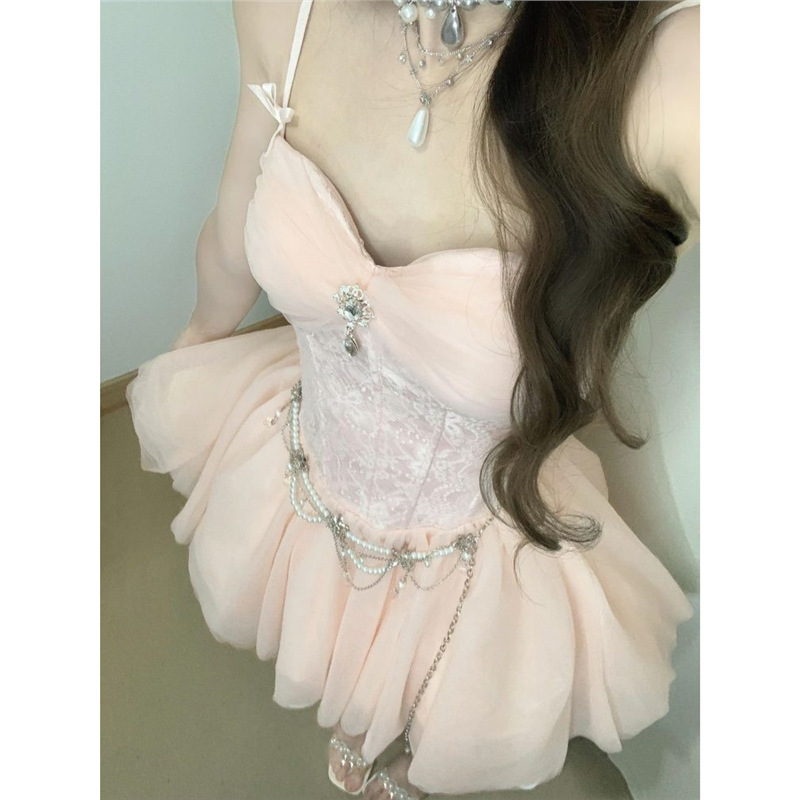 甜美减龄少女风收腰吊带连衣裙新款轻奢精致感显瘦网纱蓬蓬仙女裙|undefined