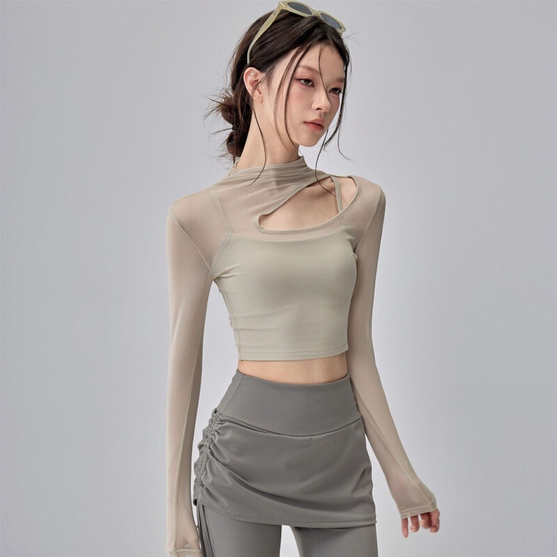 Yoga Long-Sleeved T-Shirt with Chest Pads for Women, Sports, Fitness, Running, Hollow Mesh Splicing, Niche Design Short Top Yoga Long-Sleeved T-Shirt with Chest Pads for Women, Sports, Fitness, Running, Hollow Mesh Splicing, Niche Design Short Top