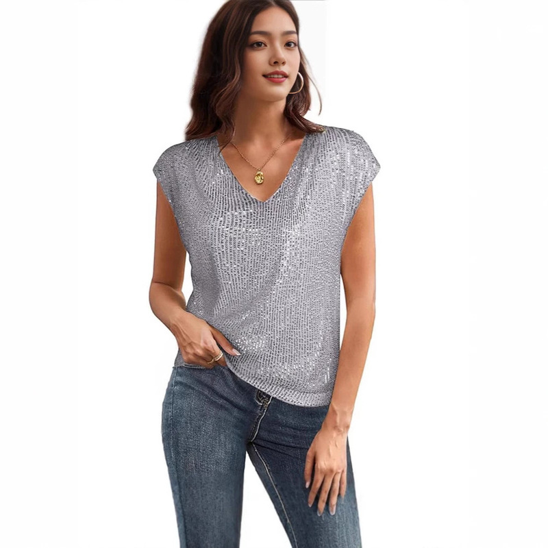 2026 European and American cross-border women's clothing independent brand sexy V-neck sequin short-sleeve women's shiny vest party shirt T-shirt