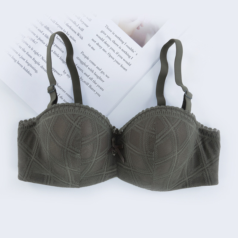1/2 media taza de ropa interior con borde de encaje para mujer, correa para el hombro, copa de espesor medio desmontable con anillo de acero, sujetador de mujer recogido en stock