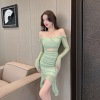 High elastic mesh patchwork exposed waist long sleeved tight fitting hip wrap dress