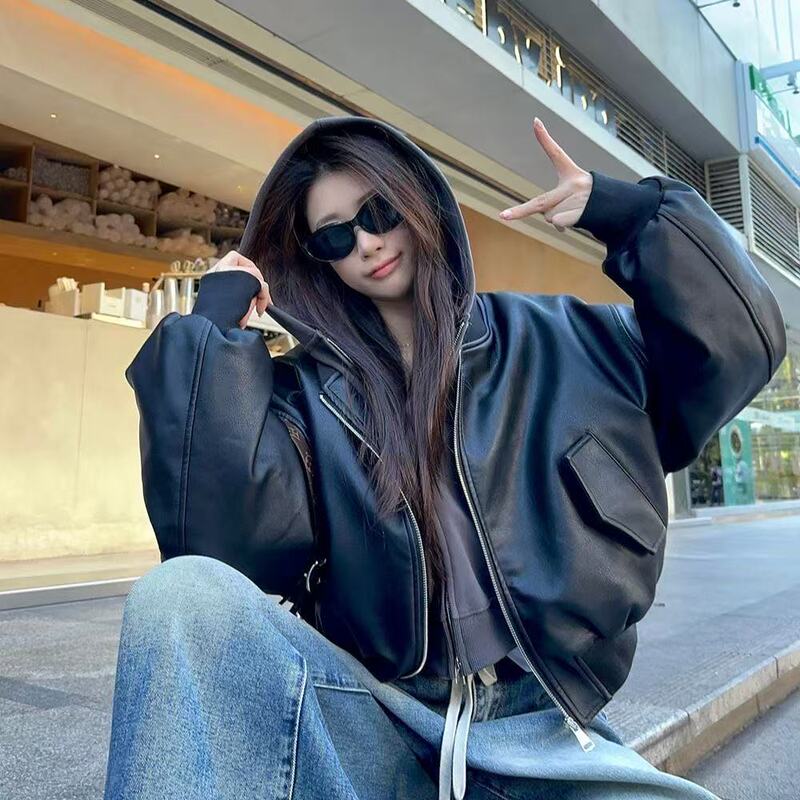 American Retro Leather Jacket Spring and Autumn 2025 New Hong Kong Style Petite Pu Leather Motorcycle Jacket Top