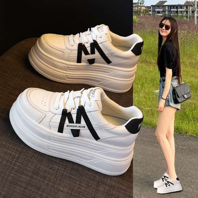 Giày sneaker nữ chunky đế dày trắng đa năng HJ5003, tăng chiều cao 9.5 cm — Màu be đen