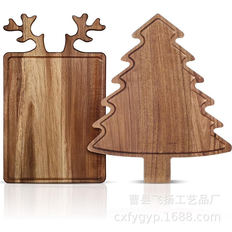 Acacia wood Christmas-themed solid wood dinner plate, reindeer and Christmas tree shaped wooden cutting board, tabletop Christmas tree dinner plate
