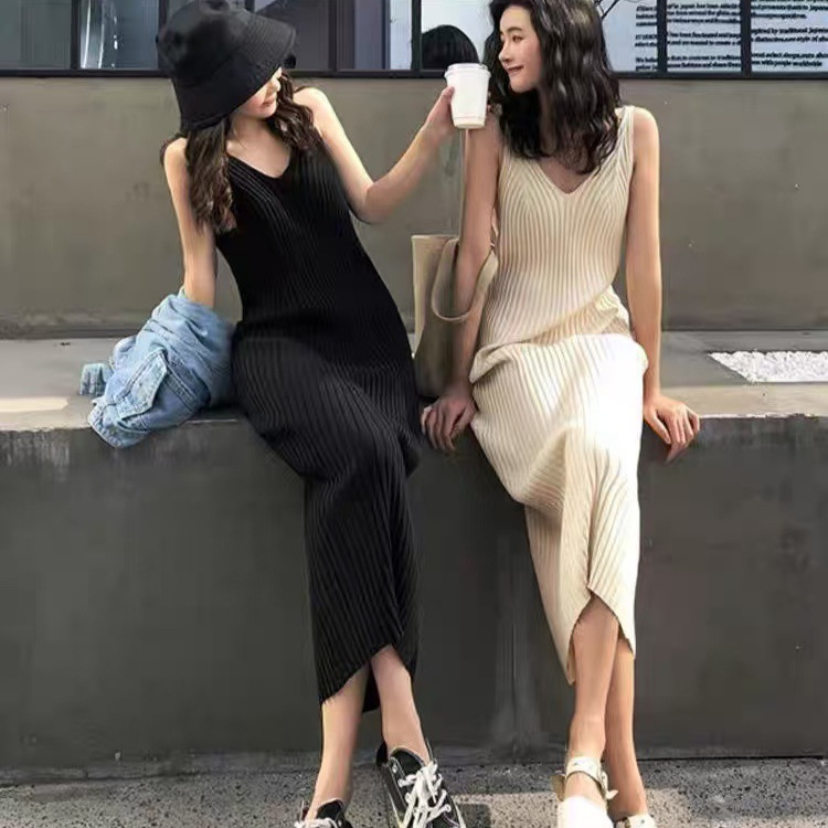 Sling Knitted dress Small Women's Summer Sexy Base Black Dress Slim-fit Slimming Inner Vest Long Dress