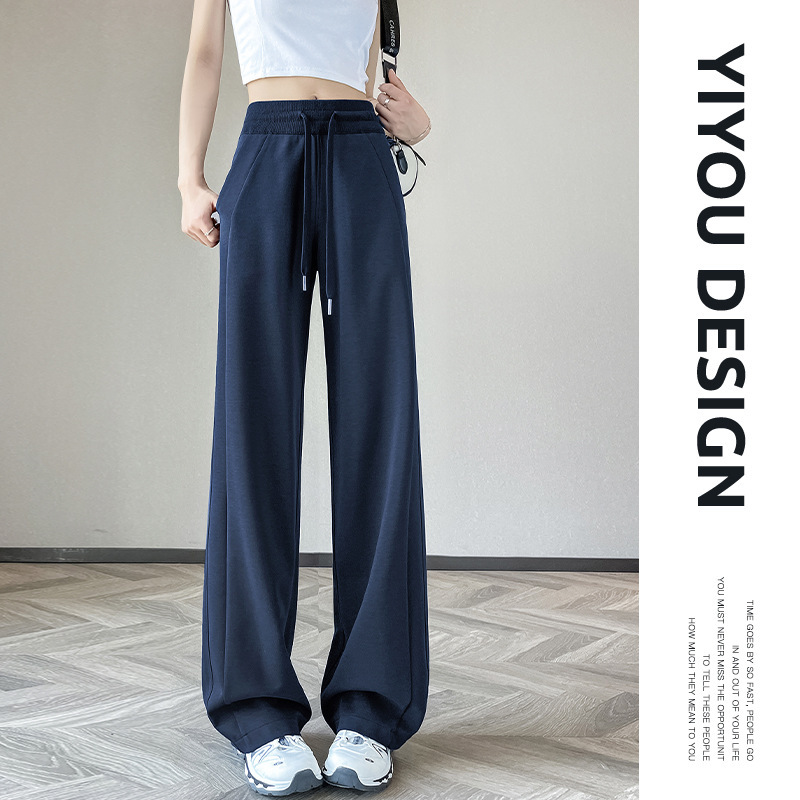 女性用ネイビーブルーワイドレッグパンツ、小柄な人向けの新しい夏のハイウエストカジュアルスウェットパンツ、ナローバージョンのストレートスポーツパンツ|undefined