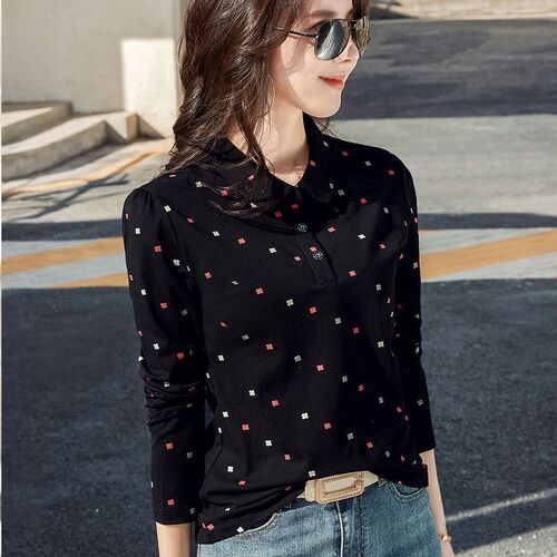 Fashionable Collared Long-Sleeve Women's T-Shirt Printed White Polo Shirt Bubbling Sleeve Plus Size Base Shirt Slimming Cotton T