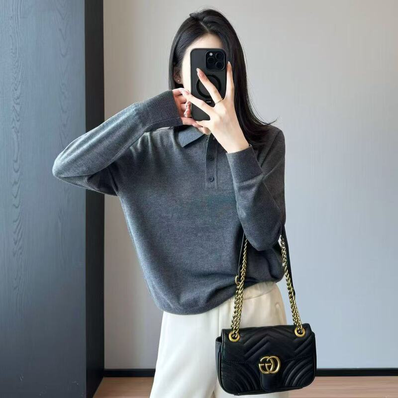 High-Value Aesthetic Fine-Spun Wool Half-Collar Long-Sleeve Knit Top Elegant Polo Shirt Autumn J0915K