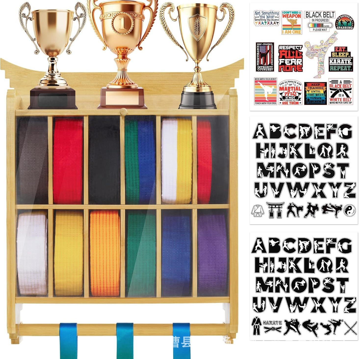 Cross-Border Wooden Taekwondo Belt Rack Multi-Grid Karate Belt Storage Rack Wall-Mounted Trophy Medal Display Rack