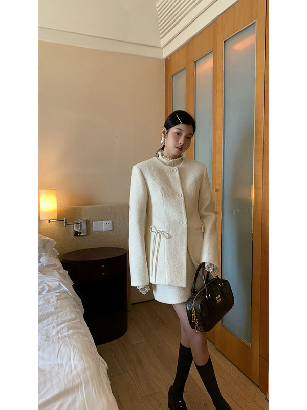 毛呢大衣女秋冬高级感呢子夹棉韩系气质中长款小香风外套两件套|undefined