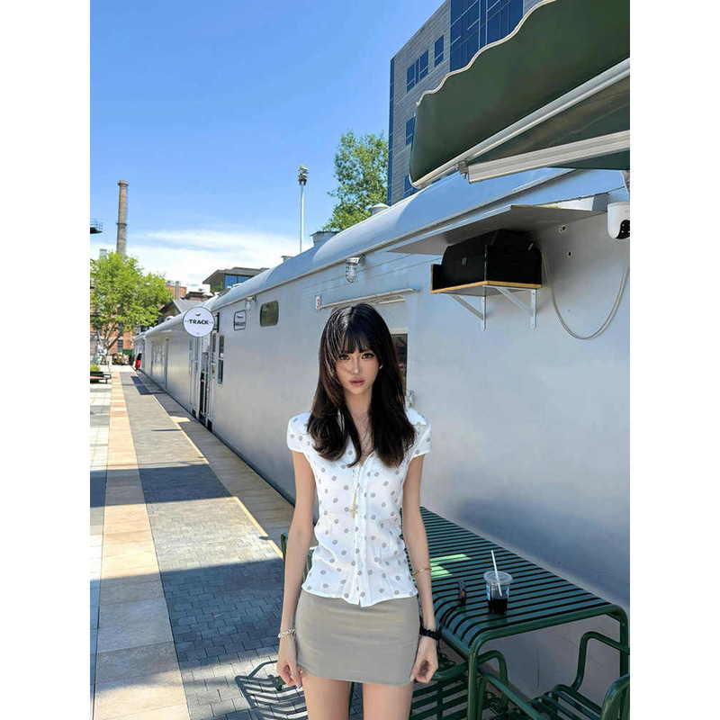 Korean Hot Girl White Polka Dot Printed Short-Sleeved Shirt Women's Summer Niche Design Waist Slimming Shirt Top