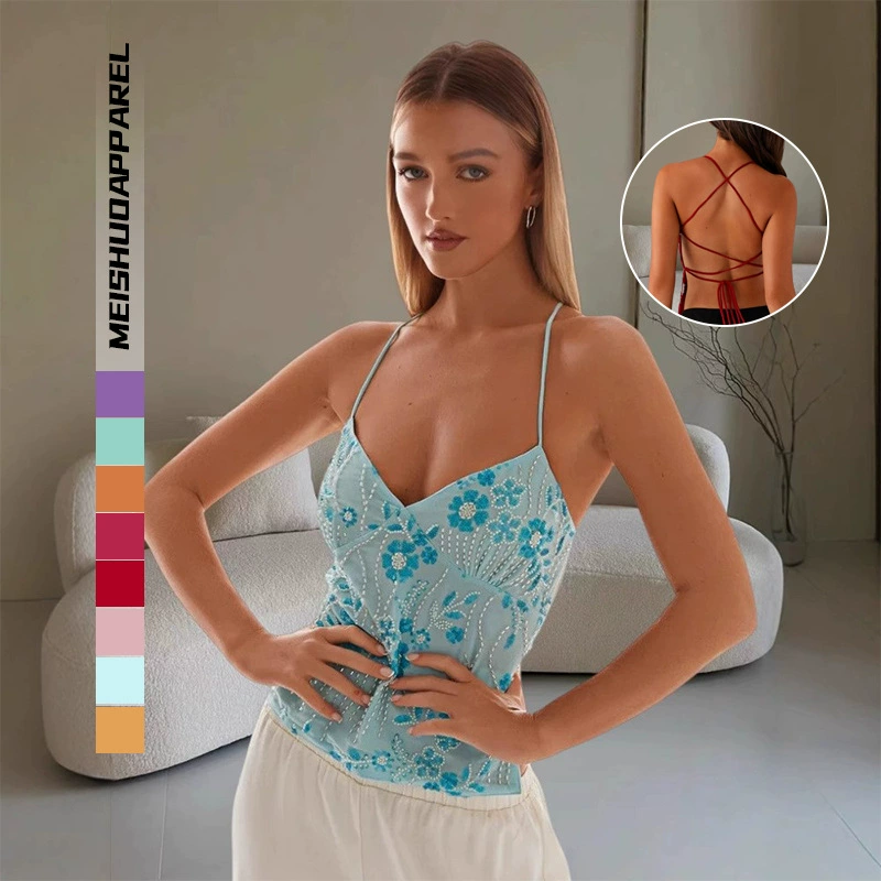 Допамин без рукавов цветной тряпки подтяжка женский 2025 лето новый стиль индивидуальность вышитый бисероплетение за шнуровкой топ