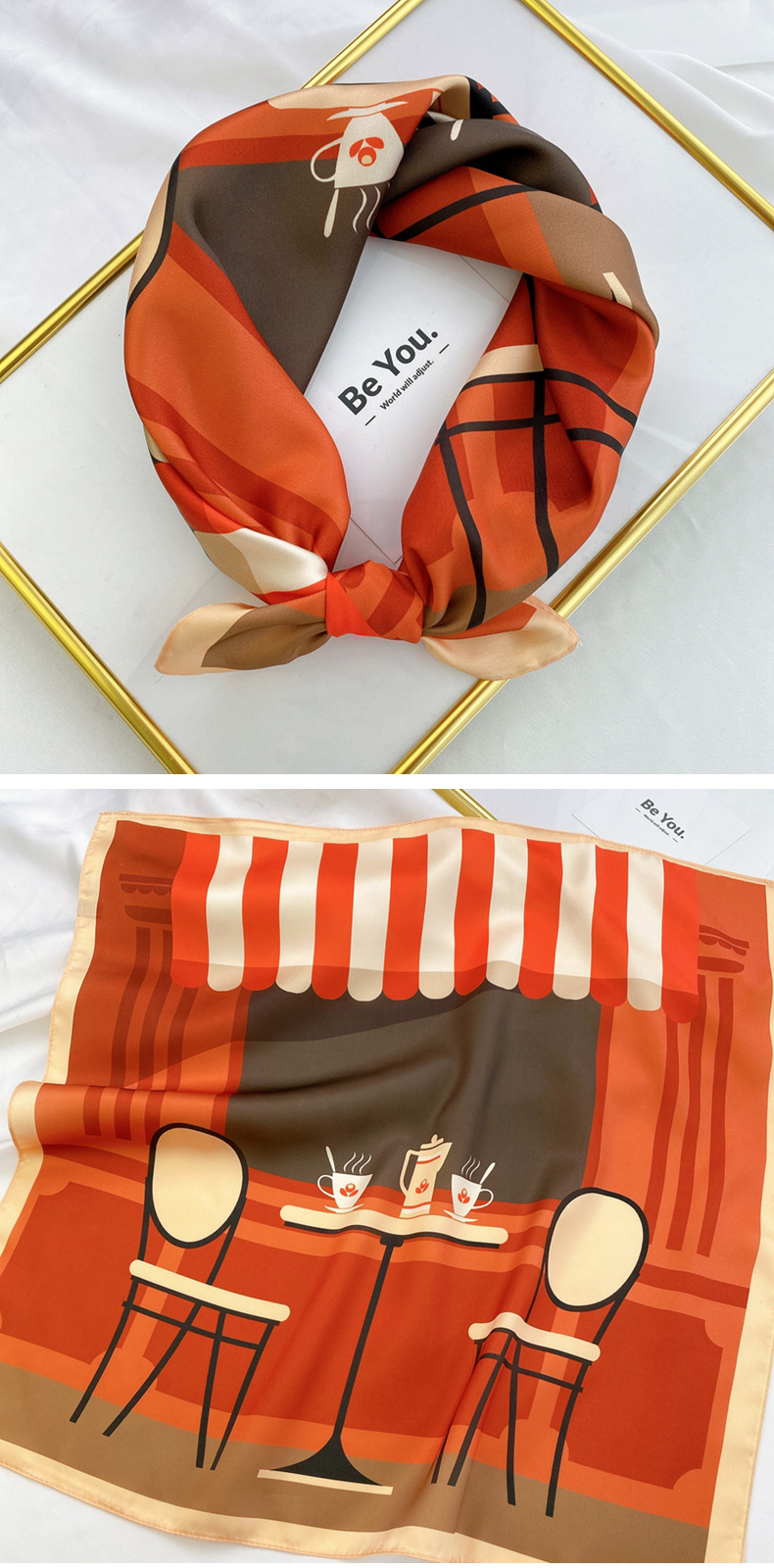 40g Weight Silk Scarf Classification Travel Occasion Unisex Gender Printing Design Sweet Style Coffee, Purple, Red, Green, Blue, Camel, Yellow Color Wholesale Fashion Contrast Color Printing Small Square Scarf 12