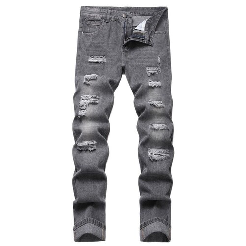 Men's Ripped Straight Leg Slim Fit Non-Stretch Jeans, Multiple Tears, North American Long Pants, Light