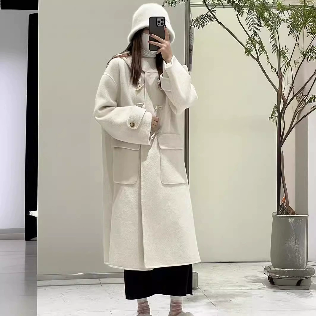 2023 Новая угловая пряжка с капюшоном в студенческом стиле утолщенная Длинная шерстяная куртка до колен высокого класса осень и зима