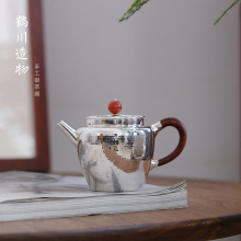 纯银999泡茶壶纯手工雪花银家用功夫茶具隔热汲直满月木柄银壶