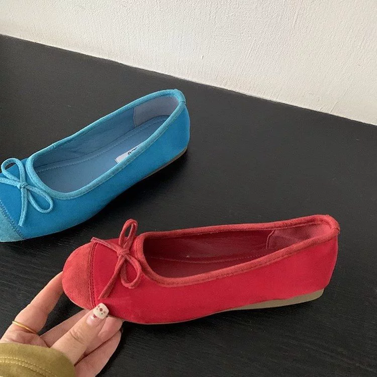 Footwear, blue ballet shoes with bow, french style, soft sole