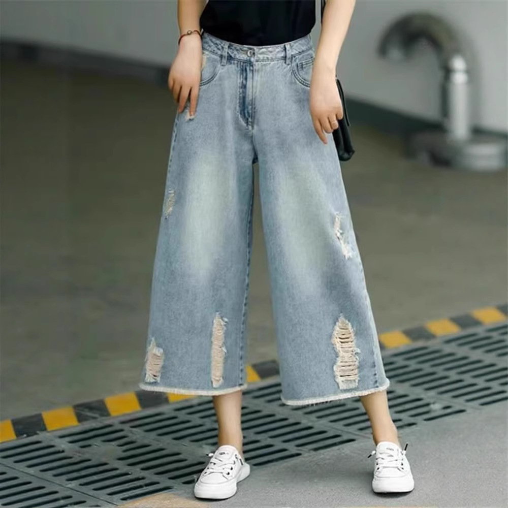 Retro Distressed Ripped High-Waisted Jeans Women's Summer Style Thin Loose Wide Leg Pants Petite Cropped Casual_ecoleips.com
