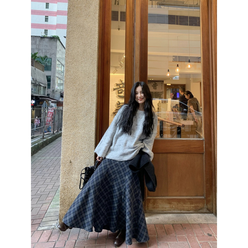 网图 斜纹蓝灰格纹磨毛半身裙女2025新款秋冬加厚中长款A字裙|undefined