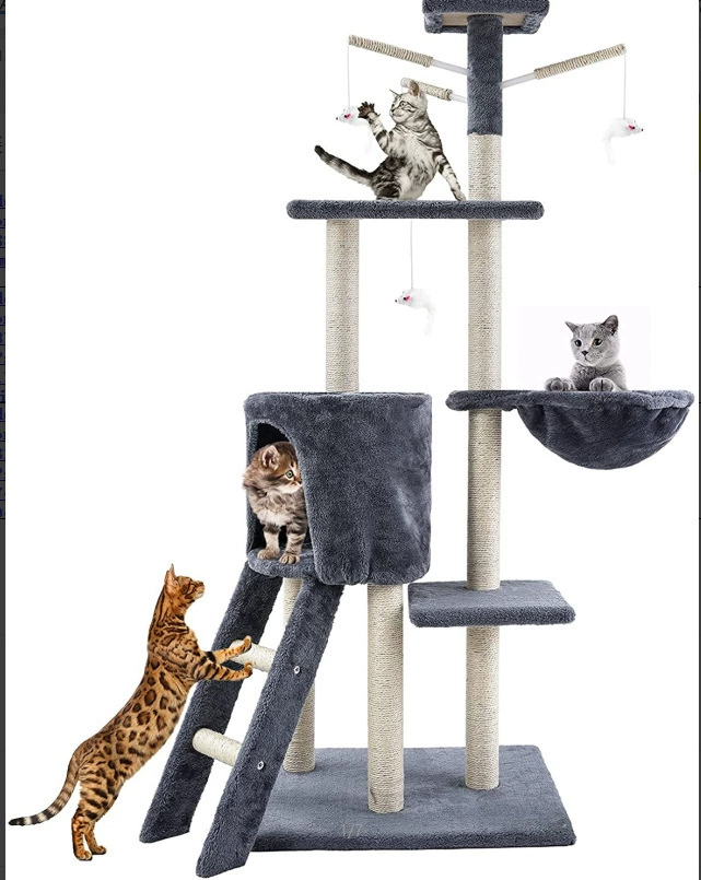 Velvet Cat Climbing Tree, Multi-Level Space-Saving Cat House with Hammock, All-Seasons