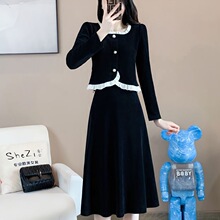 法式气质小香风蕾丝撞色拼接显瘦两件套连衣裙2024秋冬装新款套装