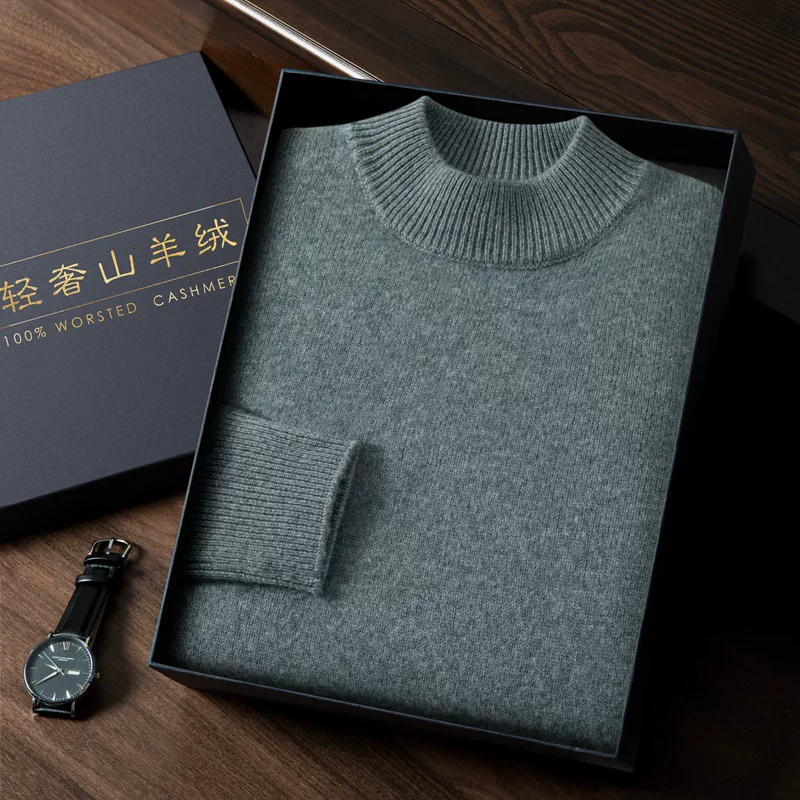 Demi-season solid cashmere knitted sweater, high collar, increased thickness