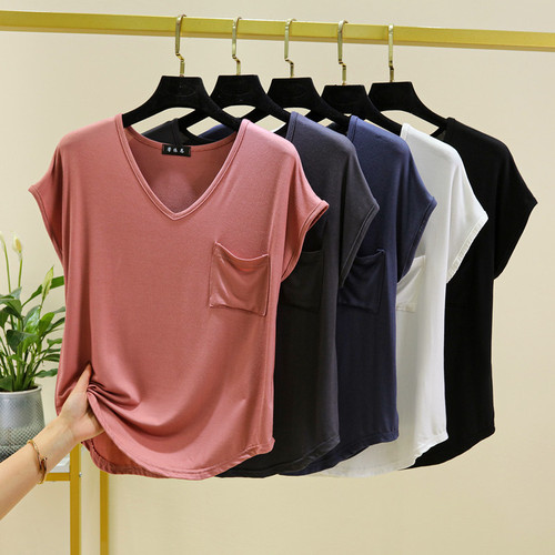 Stylish Loose V-Neck Pocket Short-Sleeve T-Shirt for Women - Summer Thin Single-Sleeve Top for a Slimming Effect, Pure Color Casual Underwear