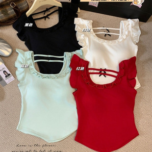 French-Style Ruffled Small Flutter Sleeve T-Shirt for Women, Spring 2025 New Short Slim-Fit Age-Reducing Top with Chest Pads