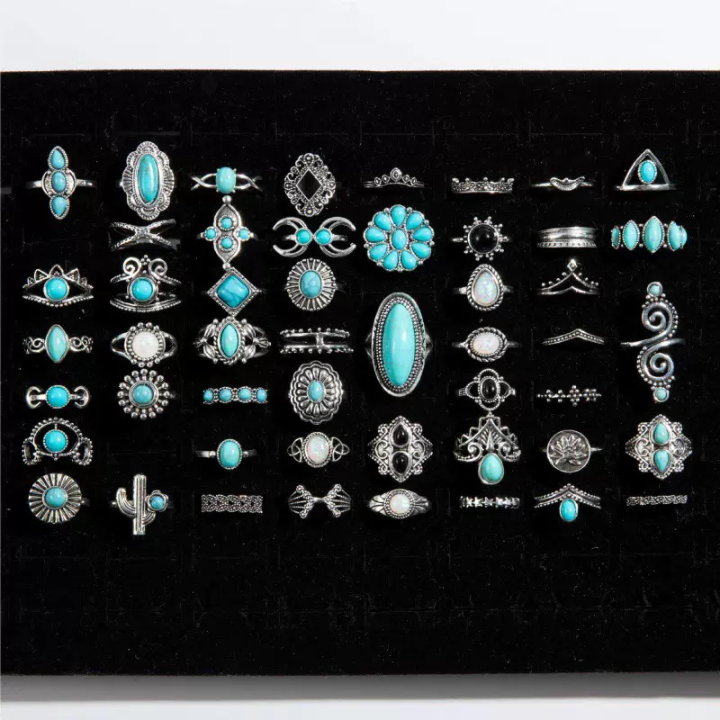 跨境民族风镶绿松石仙人掌花朵戒指复古几何花边戒指混批图案随机