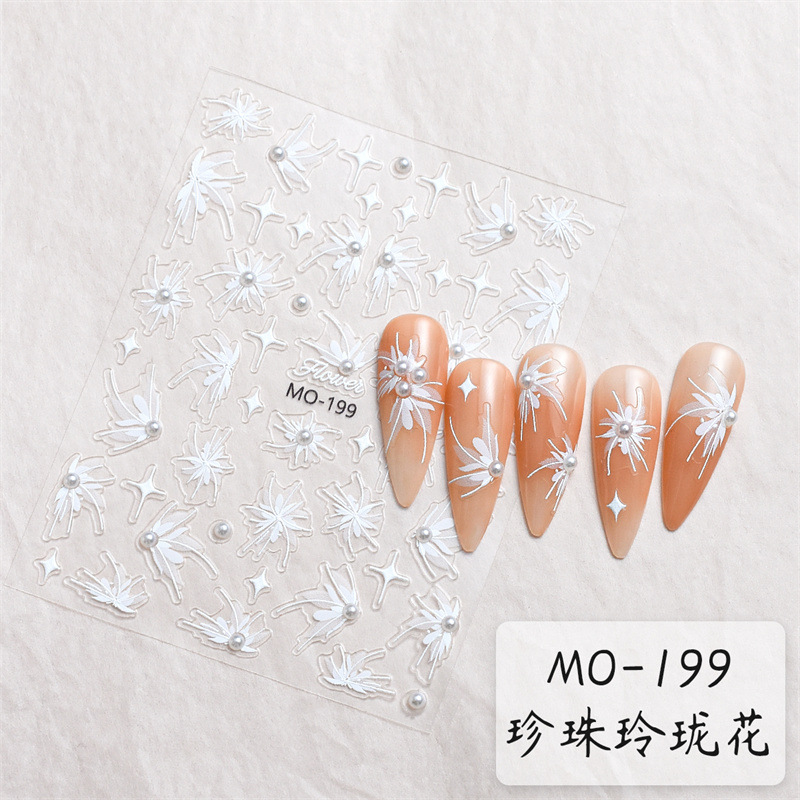 Red neta perla exquisita flor pegatinas de uñas diamante de cristal blanco mariposa pintada a mano pegatinas de uñas en relieve tridimensional con pegamento trasero