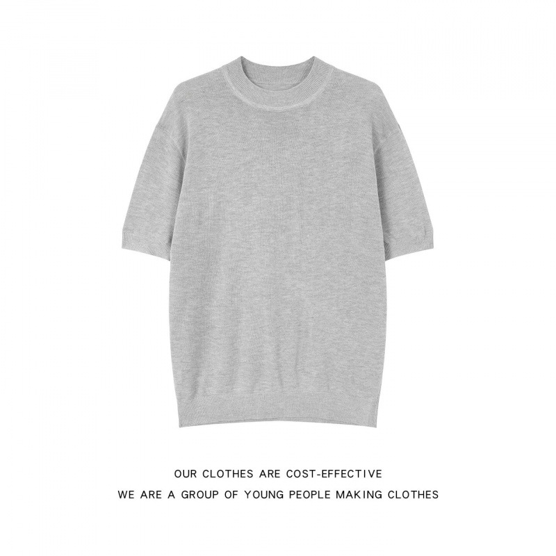 Harajuku-style American old-money style round neck striped textured knit short-sleeved T-shirt for men, autumn casual base layer.