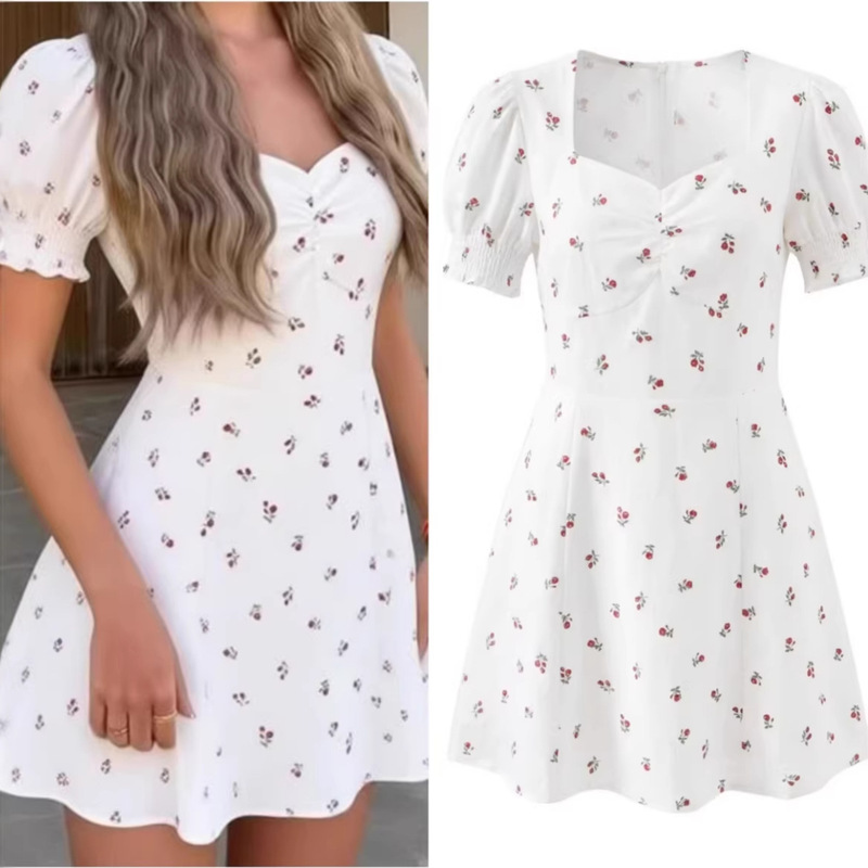New Foreign Trade Style French Retro Small Rose Print Square Neck Slimming Puff Short Sleeve Stylish Sweet and Elegant Dress