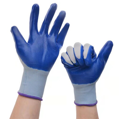 Work safety gloves, wear-resistant, oil-resistant, non-slip, protective gloves made of 13-gauge polyester woven nitrile material.
