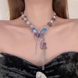 超仙锆石彩色蝴蝶不规则珍珠紫色石头串珠项链小众轻奢高级感颈链