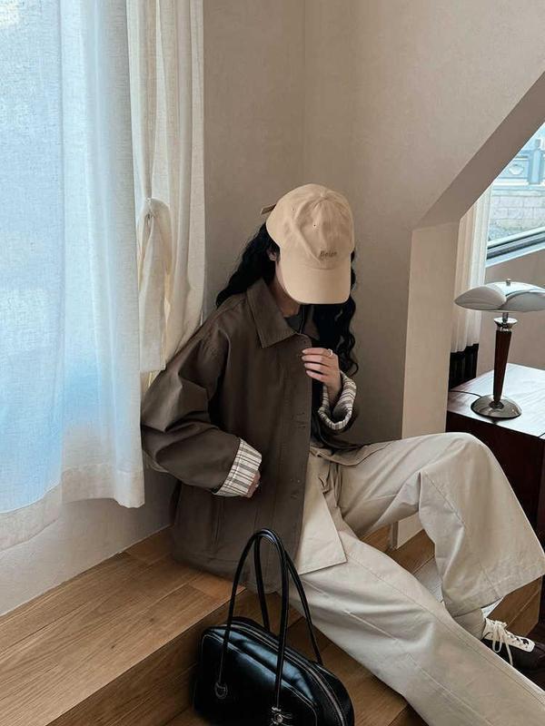春新款设计感翻领大口袋休闲拼接条纹风衣小个子工装短上衣外套女|undefined