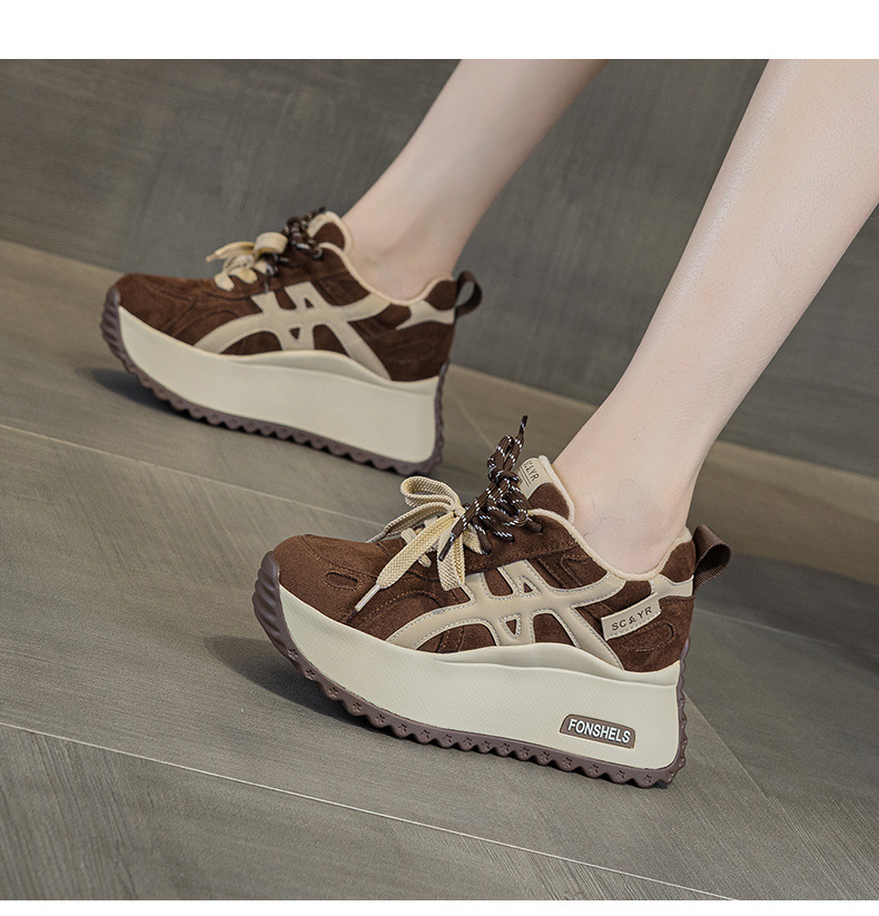 Giày sneaker nữ đế dày tăng chiều cao 7 cm phong cách đa năng mùa thu đông — M2999 li đơn màu vàng, M2999-1 màu vàng nhung, M2999-1 màu nâu cộng nhung, M2999 lớp lót đơn màu nâu chi tiết 20
