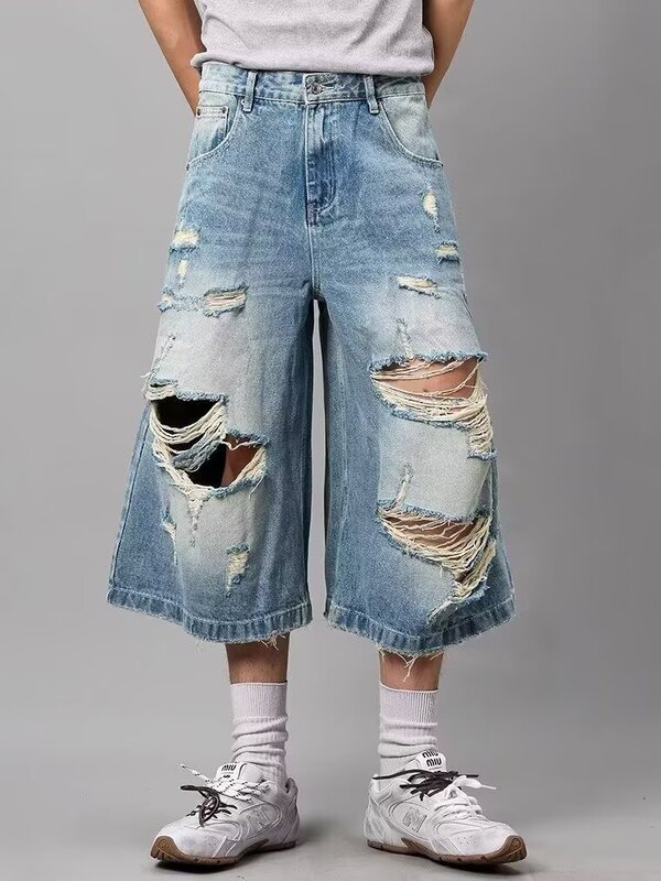 American retro ripped washed denim cropped pants for men and women, high street loose casual shorts, versatile straight wide-leg pants American retro ripped washed denim cropped pants for men and women, high street loose casual shorts, versatile straight wide-leg pants