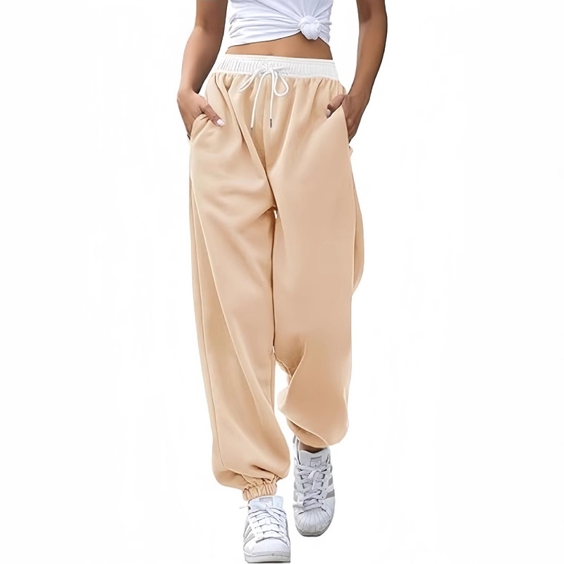 Cross-Border European and American Amazon New Women's Elastic Waist Loose Sports Solid Color Casual Jogger Pants with Pockets