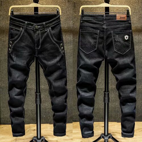 Black denim pants for men, summer slim-fit, spring and autumn skinny pants—men's thin, casual, stretchy, Korean-style trendy trousers.